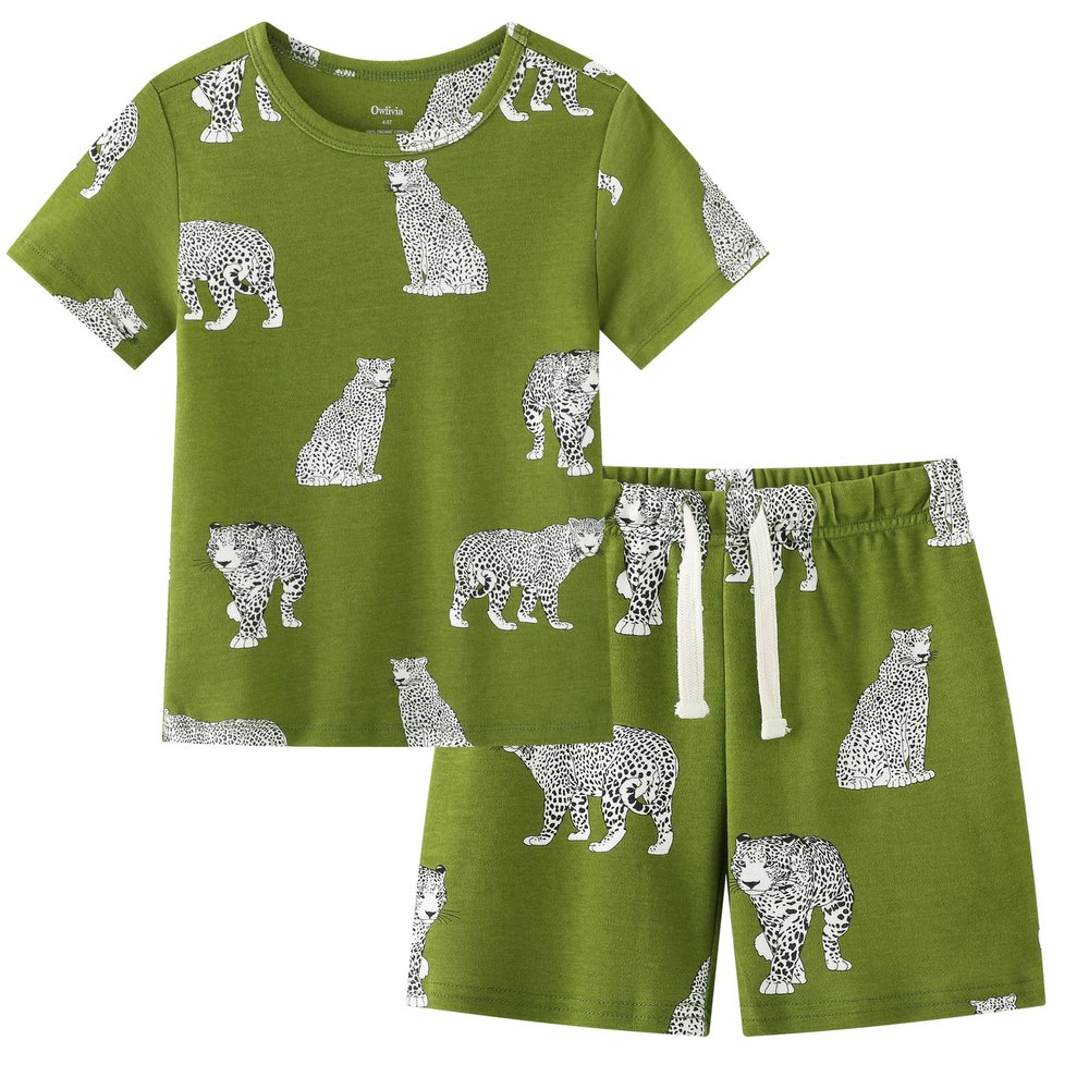 Owlivia Kids Pjs Set, Boys Girls Summer Short-Sleeve Sleepwear, 100% organic cotton Toddler Pajamas(7-8 Years, Green Cheetah)