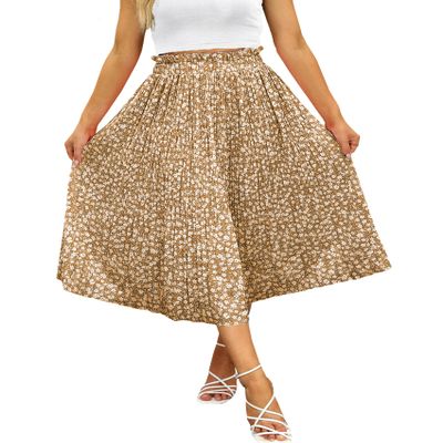 High Waist Summer Skirts for Women Trendy Dressy Beach Boho Floral Pleated Midi Skirt Khaki Medium