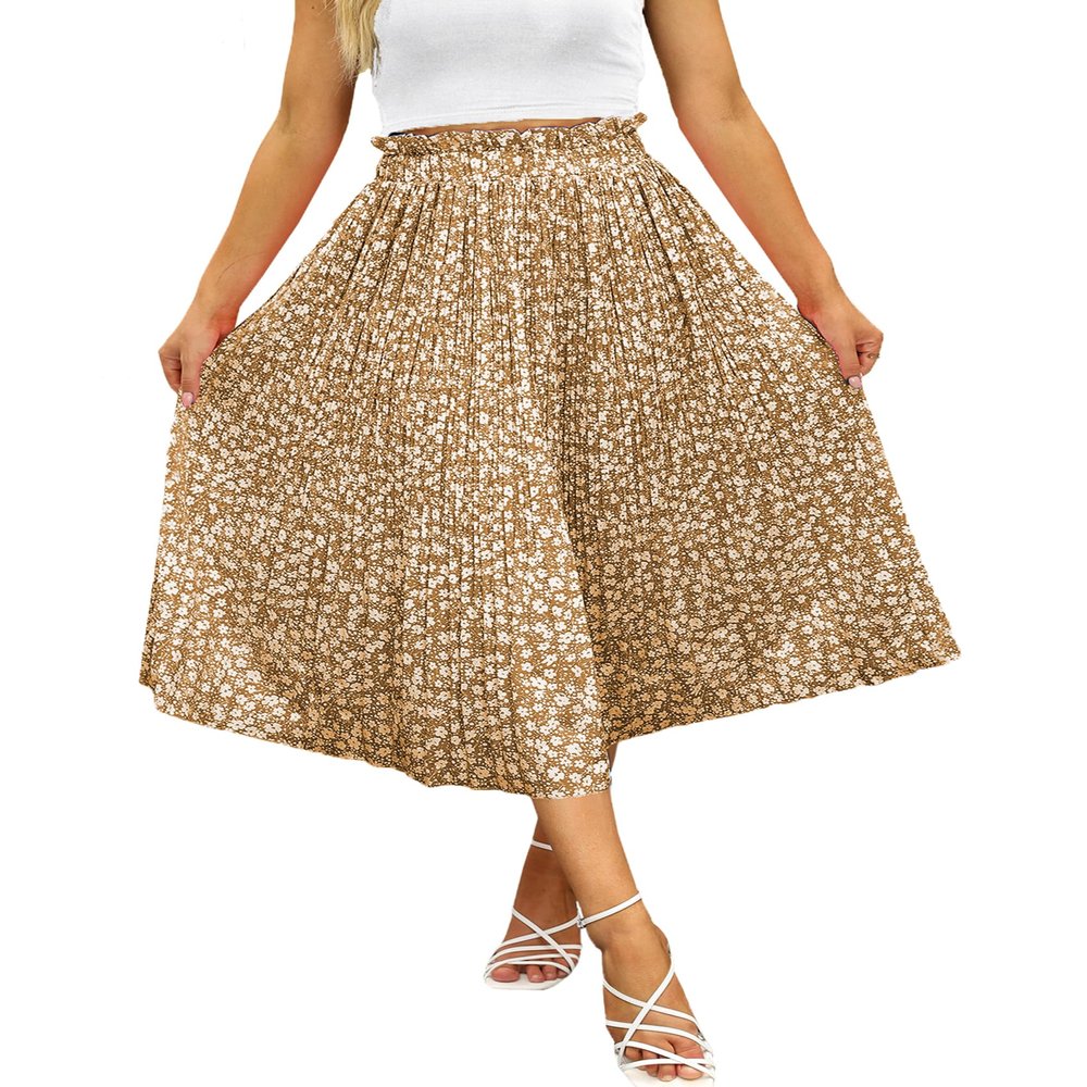 High Waist Summer Skirts for Women Trendy Dressy Beach Boho Floral Pleated Midi Skirt Khaki Medium