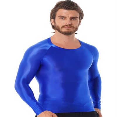 Yihuimin Men's Glossy Long Sleeve T-Shirt Glossy Water Sports Athletic Workout Compression Shirt Blue X-Large