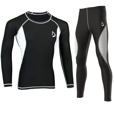 Deckra Mens Compression Tights Under Base Layer Skin Fit Armour Tight Pants + Shirts Set (Black-White, Medium)