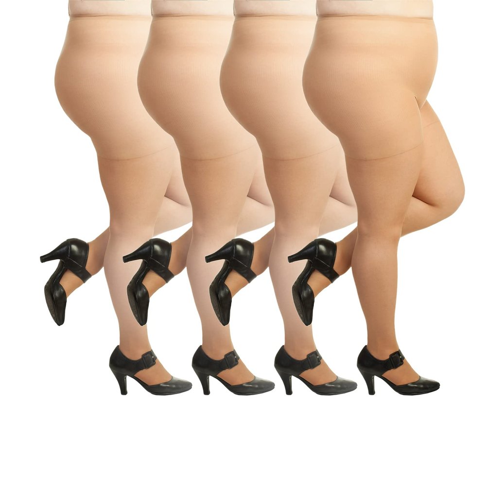 Silky Toes Plus Size Pantyhose for Women Soft Sheer Queen Tights 4 Pairs (Suntan 5x-6x)