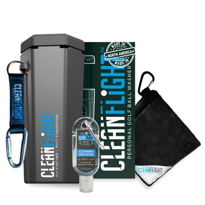 Clean Flight Premium Golf Ball Washer - Portable Cleaner for Golf Bag or Cart - Best Golf Accessories Gifts for Men & Women (Washer - Towel, Black)