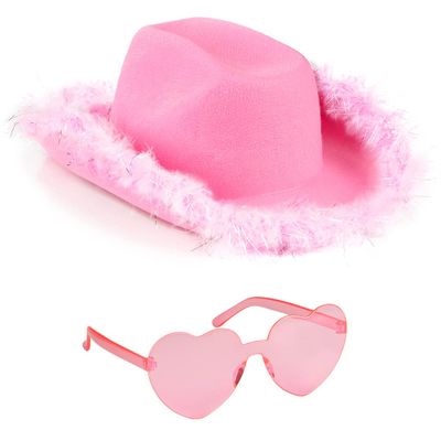Funcredible White Cowboy Hat and Glasses Fluffy Cowgirl Hat with Star and Feathers Cowgirl Costume Accessories for Women