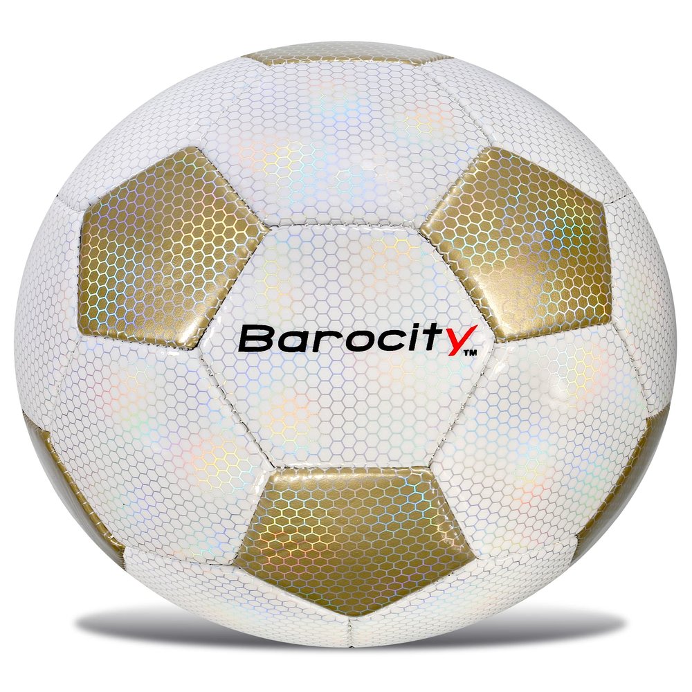 Barocity Classic White and Gold Size 3 Soccer Ball - Premium Outdoor and Indoor with Reflective Iridescent Rainbow Hex Pattern, Perfect Practice for Kids, Boys and Girls
