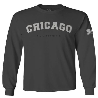 0478. Vintage Graphic City of Chicago Illinois Fonts Men's Long Sleeve t Shirt (Characol, Small) Charcoal