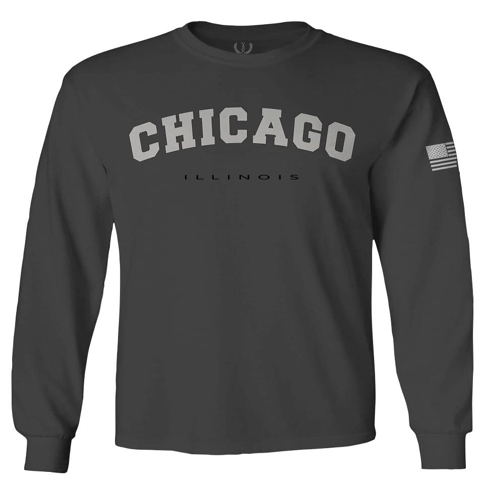 0478. Vintage Graphic City of Chicago Illinois Fonts Men's Long Sleeve t Shirt (Characol, Small) Charcoal