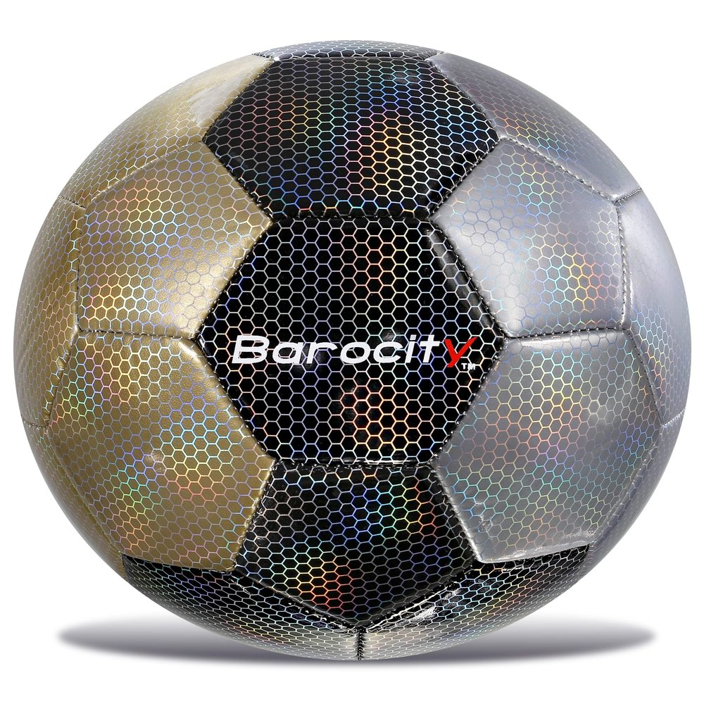 Barocity Modern Pattern Soccer Ball - Indoor, Outdoor Soccer Balls with Reflective Iridescent Rainbow Hex Pattern, Kids Soccer Ball for Training, Practice, Playtime - Size 4 - Mix Silver, Black, Gold