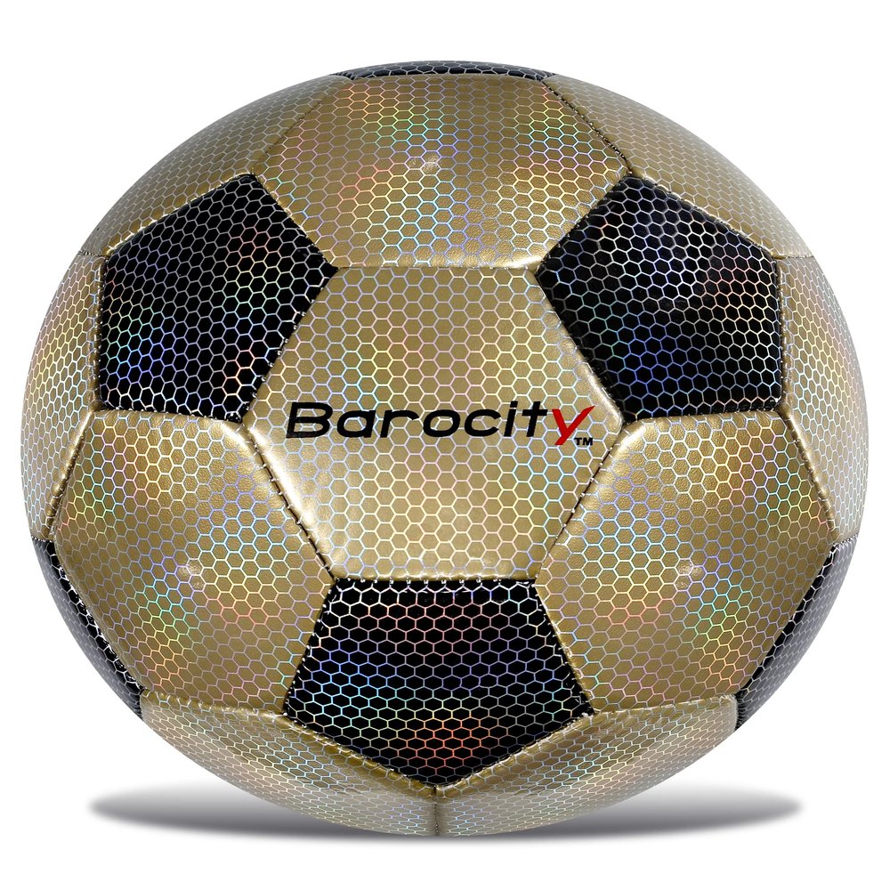 Barocity Black and Gold Size 4 Soccer Ball - Premium Outdoor and Indoor with Reflective Iridescent Rainbow Hex Pattern, Cool Boys and Girls for Playtime, Practice and Training