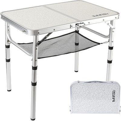 Small Folding Table 2 Foot, Portable Camping Table with Mesh Holders,Lightweight Aluminum Adjustable Height, with Carry Handle for Camping Picnic Indoor Outdoor, White 24 x 16 inch (3 Heights