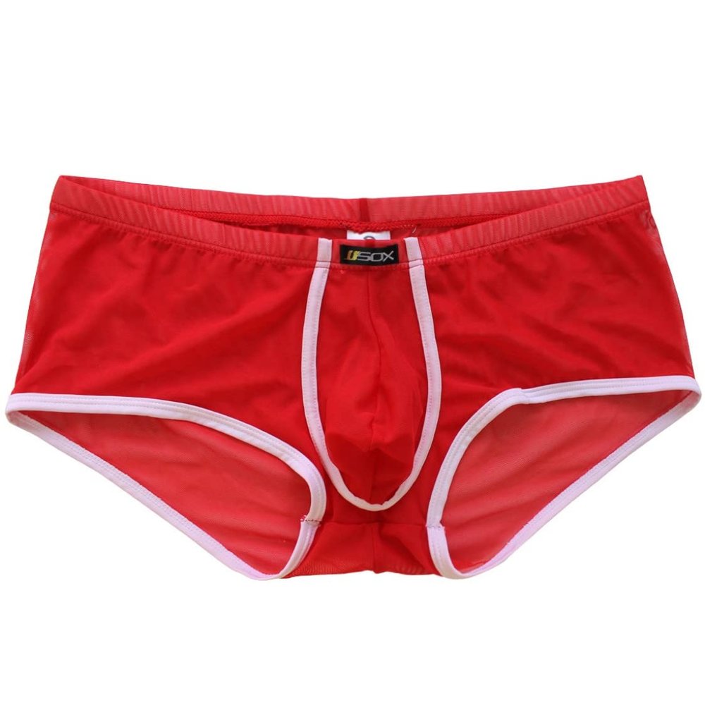 renvena Mens See Through Mesh Sports Bulge Pouch Boxer Briefs Shorts Athletic Swim Trunks Gym Clubwear Red Large