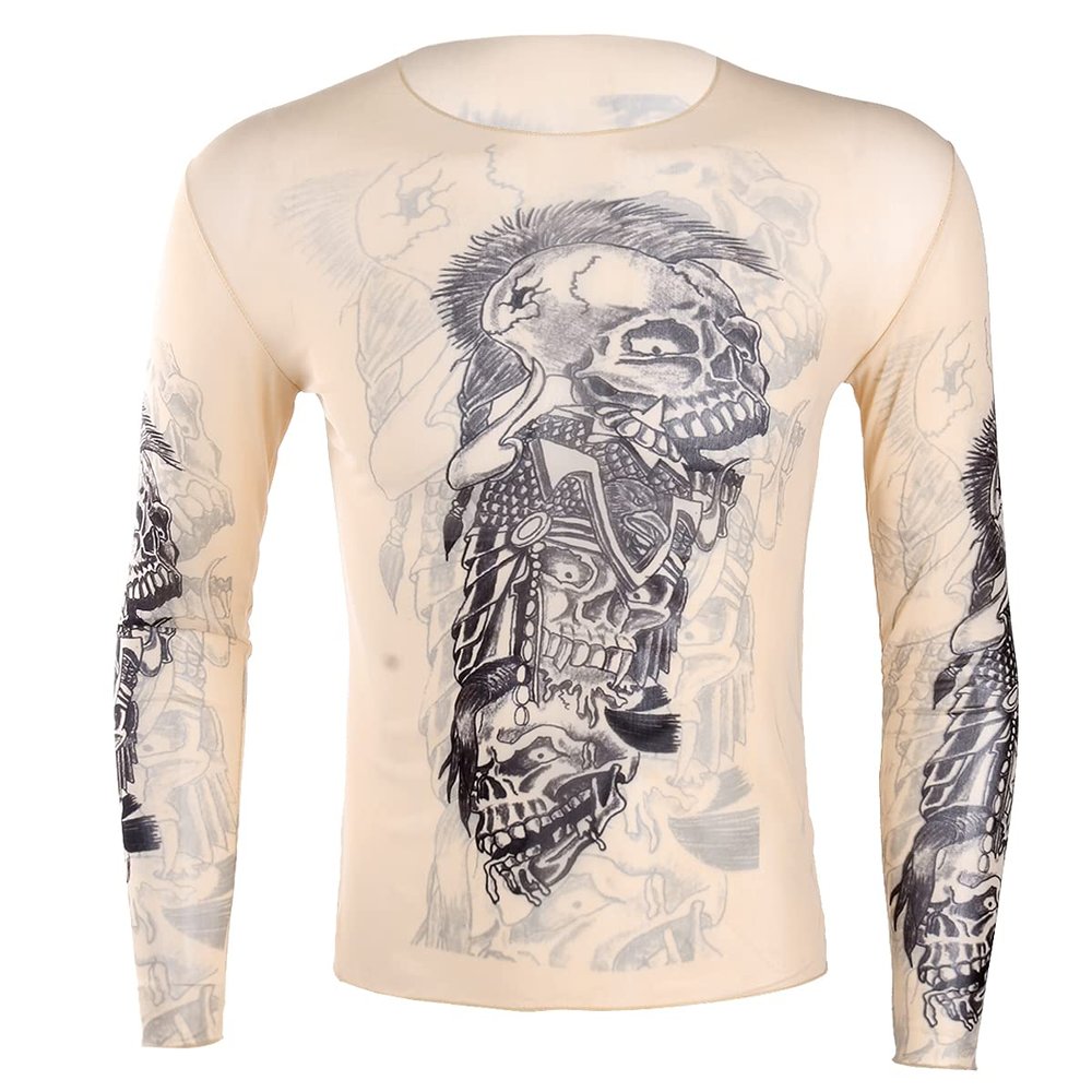 Nikiikoo Men's Sports Long Sleeve Elastic Cycling Fitness T-Shirt Fake Tattoo Tribal Inspired Print Tops Nude One Size