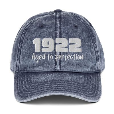 1922 Aged to Perfection 100th Birthday Giftable Hat for 100 Year Old Vintage Cotton Twill Cap Navy