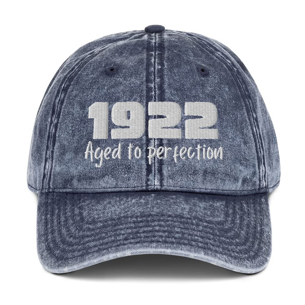 1922 Aged to Perfection 100th Birthday Giftable Hat for 100 Year Old Vintage Cotton Twill Cap Navy
