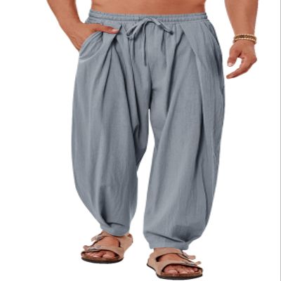 Gafeng Mens Linen Yoga Pants Elastic Waist Drawstring Summer Beach Loose Fit Casual Tapered Trousers Gray