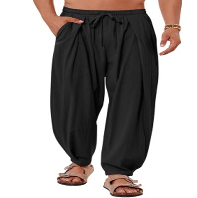 Gafeng Mens Linen Yoga Pants Elastic Waist Drawstring Summer Beach Loose Fit Casual Tapered Trousers Black