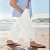 Gafeng Mens Linen Yoga Pants Elastic Waist Drawstring Summer Beach Loose Fit Casual Tapered Trousers White view 2