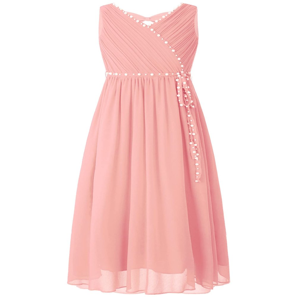 Duoremi Kids Girls Elegant Beaded Party Dress Ruched V Neck Evening Gown Chiffon Bridesmaid Dresses Pink 12 Years
