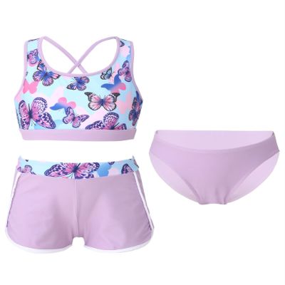 Daenrui Kids Girls Floral Racer Back Crop Top with Bottoms Boardshorts 3 Pieces Athletic Tankini Swimsuit Lavender 8 Years