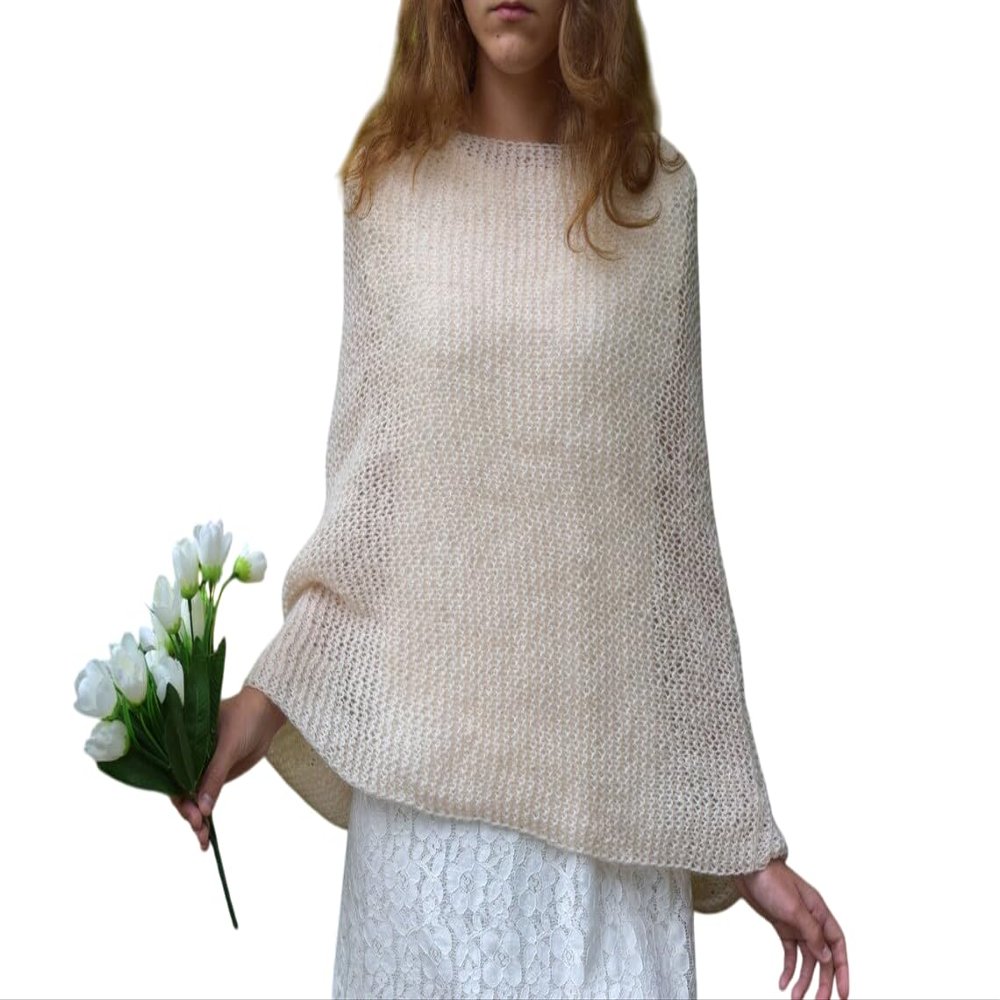 Wedding Knitted Shawl Knit Wedding Wrap Bridal Cape Bridal Sweater Mohair Bridal Scarves Poncho Ivory White Shrug Shoulder Cover up Stole (White)