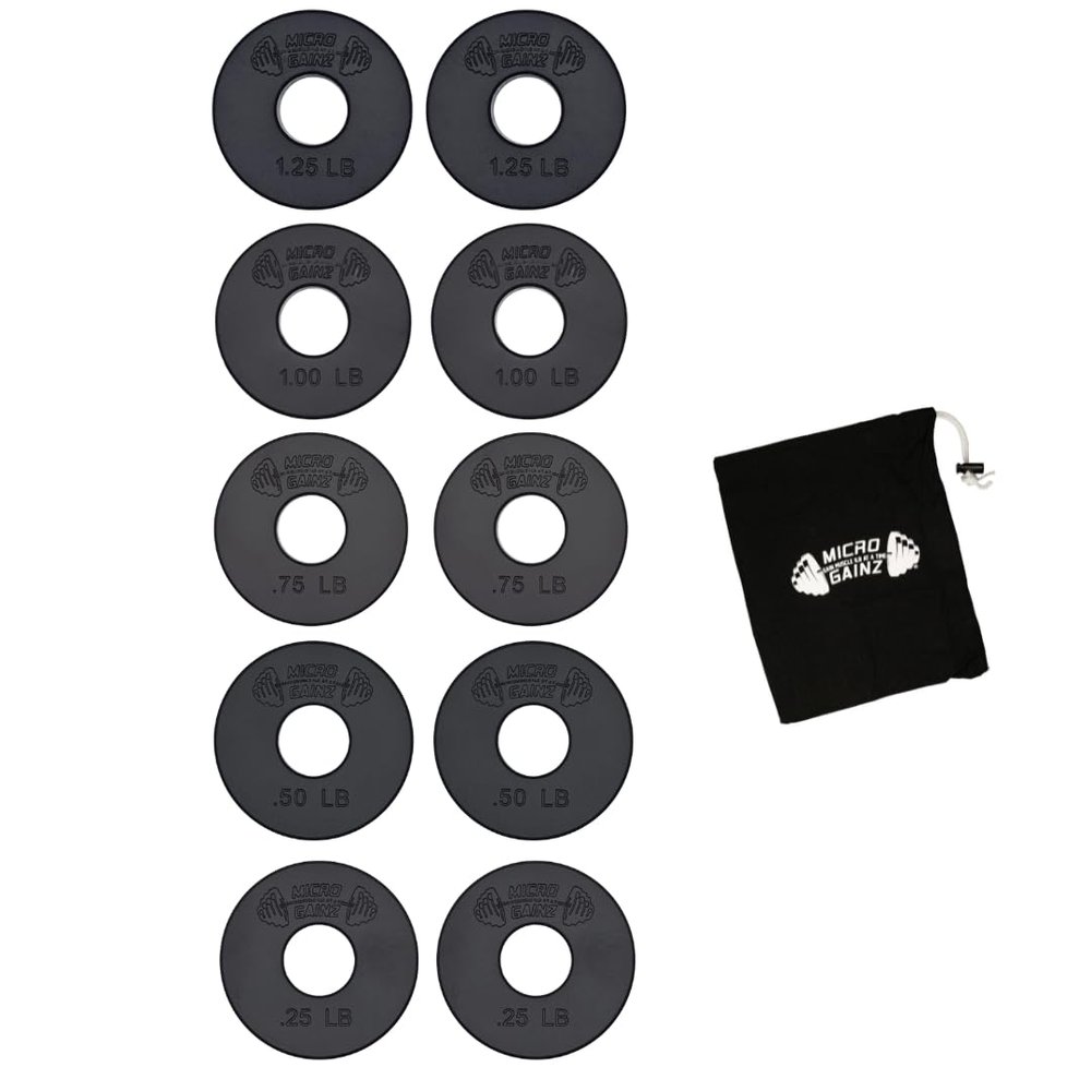 Micro Gainz 1-Inch Center Hole Standard Fractional Weights Plate Sets, 10 Piece Dumbbell & Barbell Set of Plates with Bag for Strength Training and Weight Lifting, Made In USA (Black)