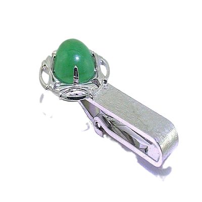 1 2/3 INCH 12x10 OVAL GREEN JADE CABOCHON GEM SILVER COLOR TIE CLIP BAR EPTT544