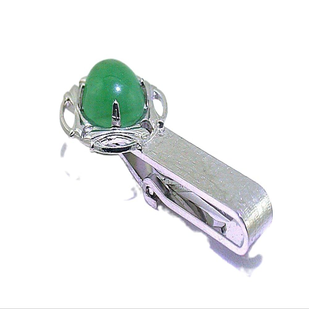 1 2/3 INCH 12x10 OVAL GREEN JADE CABOCHON GEM SILVER COLOR TIE CLIP BAR EPTT544