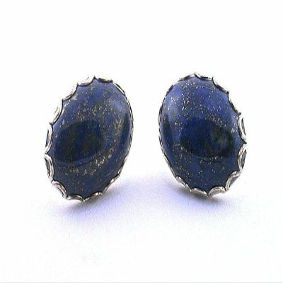 18x13 Oval Natural Lapis Lazuli Bezel Lace Sterling Silver Post Earrings PE25