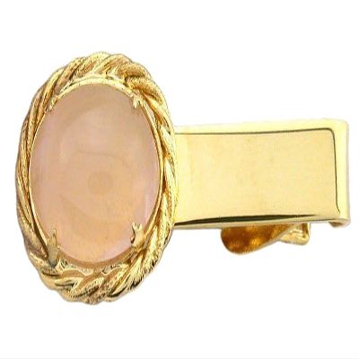 2 INCH 18x13 OVAL ROSE QUARTZ GEMSTONE CAB GOLD COLOR ROPE TIE CLIP BAR EPTT255