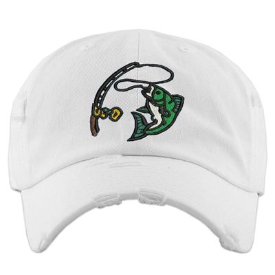 Fish Embroidered Dad Hat Vintage Adjustable Fishing Graphic Cap (White)