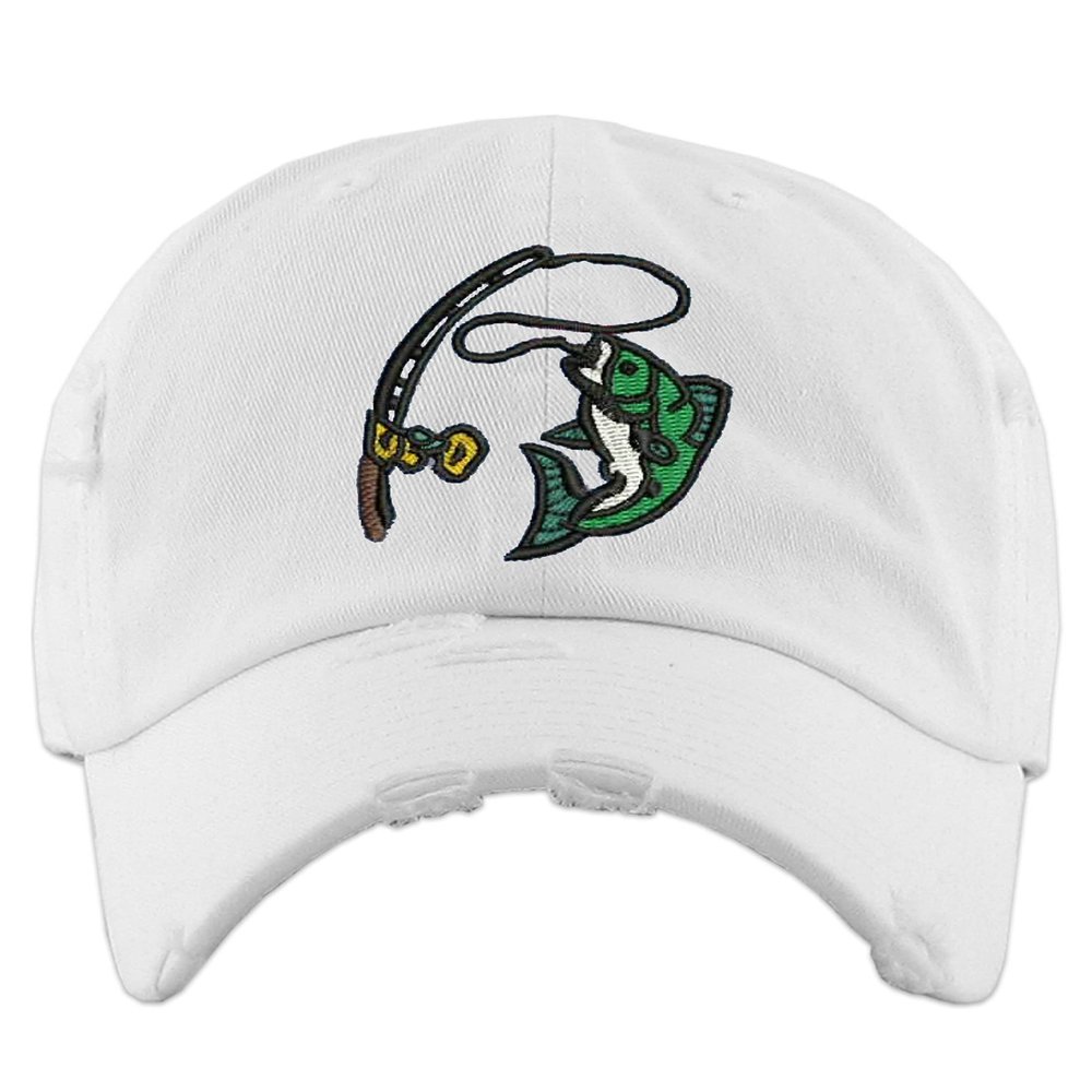Fish Embroidered Dad Hat Vintage Adjustable Fishing Graphic Cap (White)