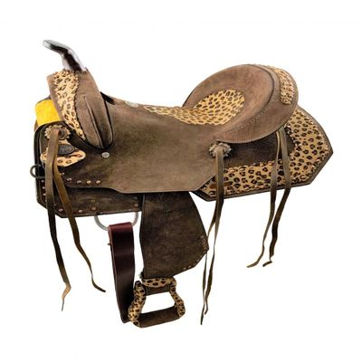 13" Double T Youth Hard Seat Barrel Style Saddle with Cheetah Seat