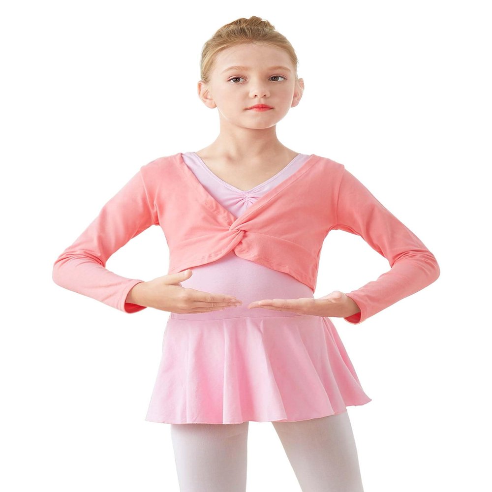 Daydance V-Neck Girl's Dance Tops Cropped Ballet Warm Up Sweater for Leotards, Long Sleeve