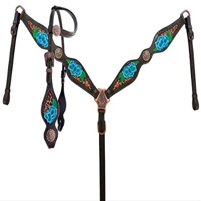 Showman Cheetah Print Inlay w/Painted Blue Flower Accent one Ear Headstall & Breast Collar Set