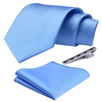 Branduce Mens Solid Light Blue Tie for Wedding Business Silk Plain Sky Blue Necktie Pocket Square and Tie Bar Set (TA01-09)