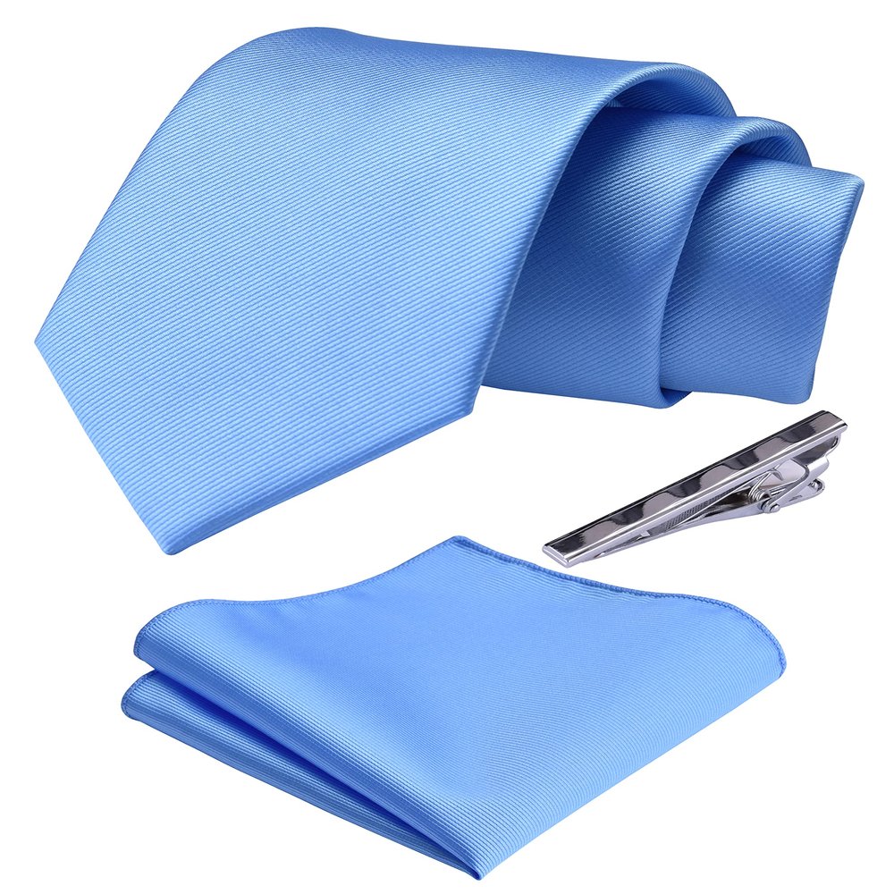 Branduce Mens Solid Light Blue Tie for Wedding Business Silk Plain Sky Blue Necktie Pocket Square and Tie Bar Set (TA01-09)