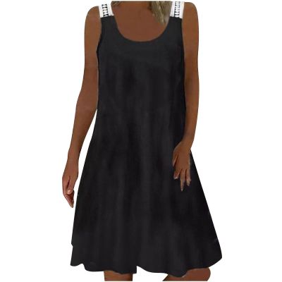 Womens Summer Dresses Sexy Casual Lace Straps Sleeveless Crew Neck Tank Dress Solid Slim Fitted Beach Mini Dress Black