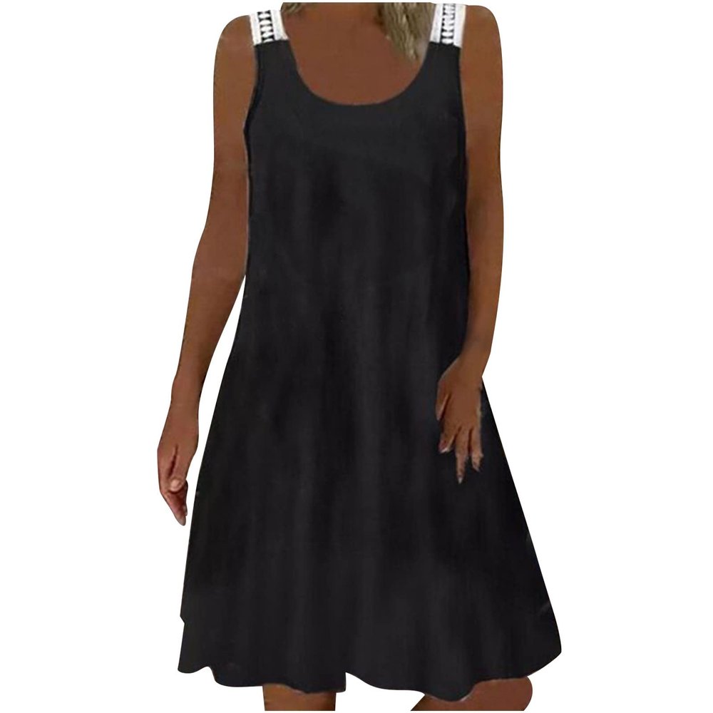 Womens Summer Dresses Sexy Casual Lace Straps Sleeveless Crew Neck Tank Dress Solid Slim Fitted Beach Mini Dress Black