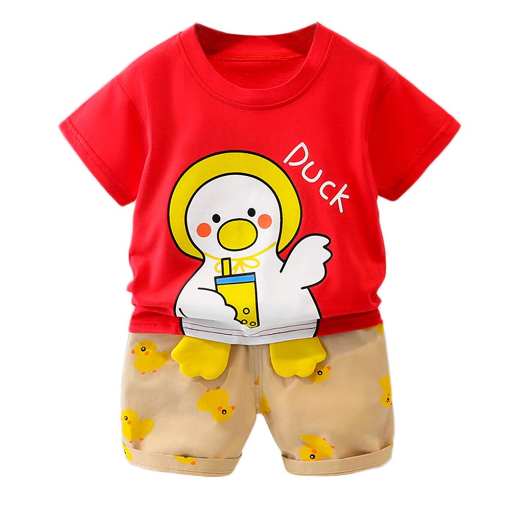 Summer Boys Toddler Cartoon Duck Printed Short Sleeve T-Shirt Tee Tops+Shorts Loose Homewear,Girl 12-18 Months Red