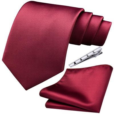 Branduce Solid Burgundy Tie for Men Wedding 8cm Classic Business Silk Wine Red Tie and Pocket Square Set Plain Necktie Handkerchief Clip Set (TA01-06)