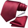 Branduce Solid Burgundy Tie for Men Wedding 8cm Classic Business Silk Wine Red Tie and Pocket Square Set Plain Necktie Handkerchief Clip Set (TA01-06) view 1