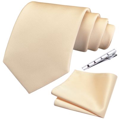Branduce Mens Wedding Champagne Ties Solid Silk Necktie Pocket Square Set Classic Business Ties with Clip (TA01-10)