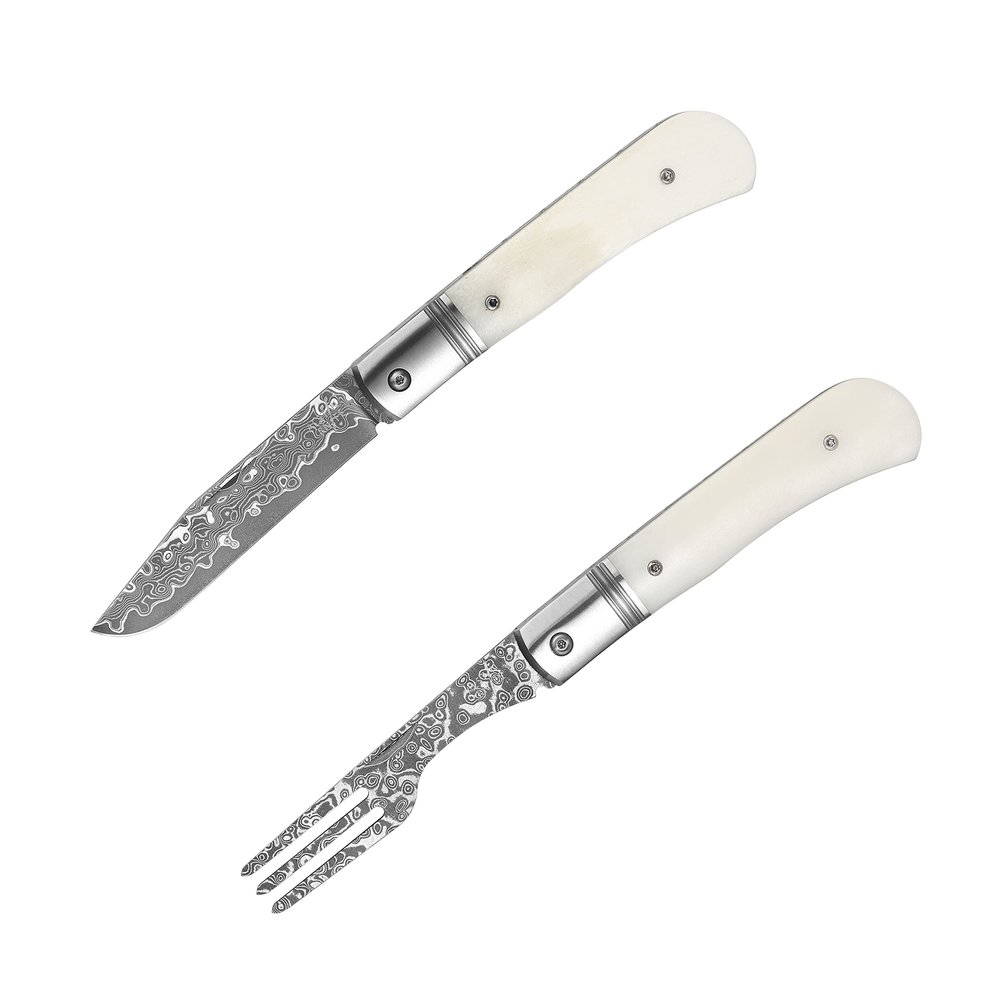 Genuine Damascus Portable Knife and Fork Steak Set for Picnic Outdoor Fine Dining Damascus Blade Rare buffalo Bone Handle Handmade