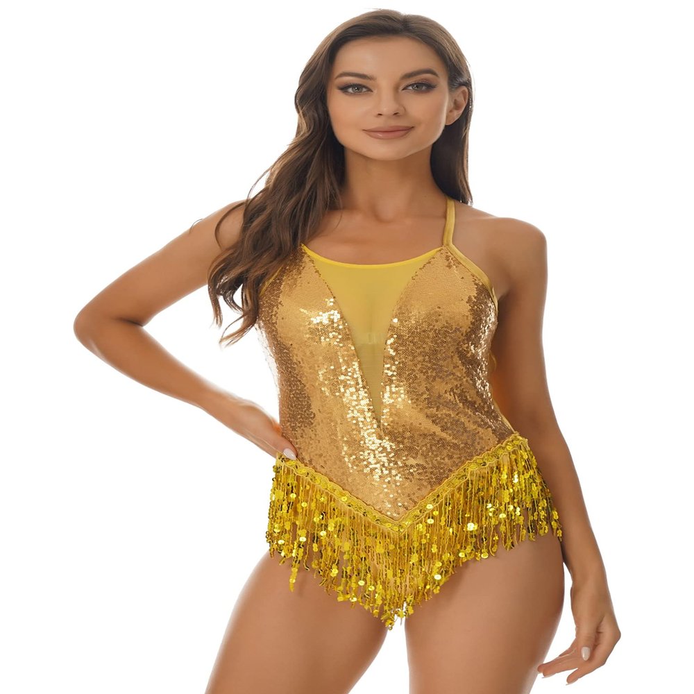 JEATHA Women Sequin Mesh Patchwork Camisole Ballet Leotard Crisscross Back Tassel Hem Gymnastic Dancewear Gold Medium