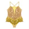 JEATHA Women Sequin Mesh Patchwork Camisole Ballet Leotard Crisscross Back Tassel Hem Gymnastic Dancewear Gold Medium view 4