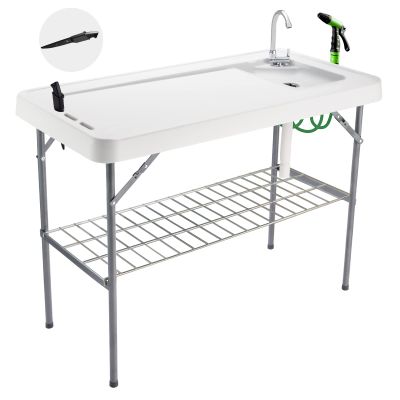 Avocahom Folding Fish Cleaning Table Portable Camping Sink Table with Faucet Drainage Hose & Sprayer Outdoor Fish Fillet Cleaning Station with Grid Rack & Knife Groove for Picnic Fishing, Grey