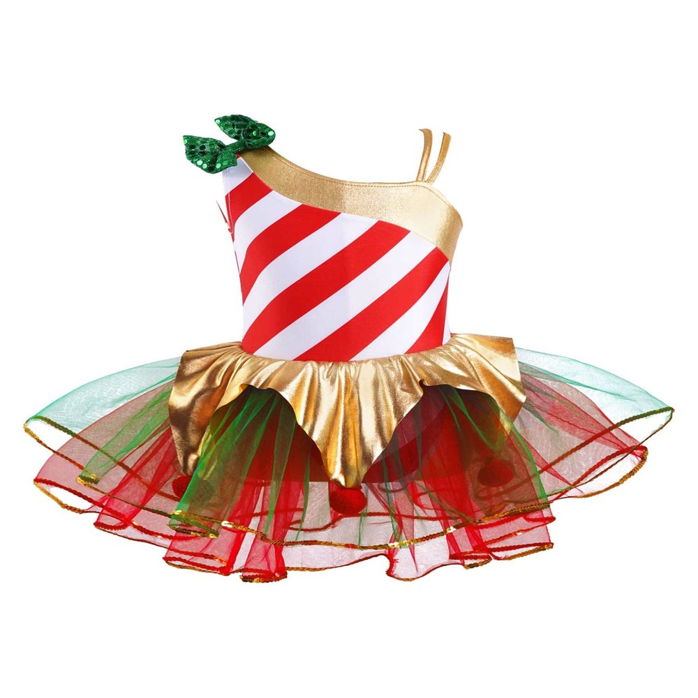 Moggemol Kids Girls Sequins Striped Tutu Dance Dress Figure Skating Dress Christmas Party Candy Cane Costume Colourful 10