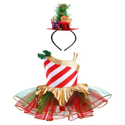Moggemol Kids Girls Sequins Striped Tutu Dance Dress Figure Skating Dress Christmas Party Candy Cane Costume Vivid 12