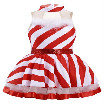 Moggemol Kids Girls Sequins Striped Tutu Dance Dress Figure Skating Dress Christmas Party Candy Cane Costume Crimson 12