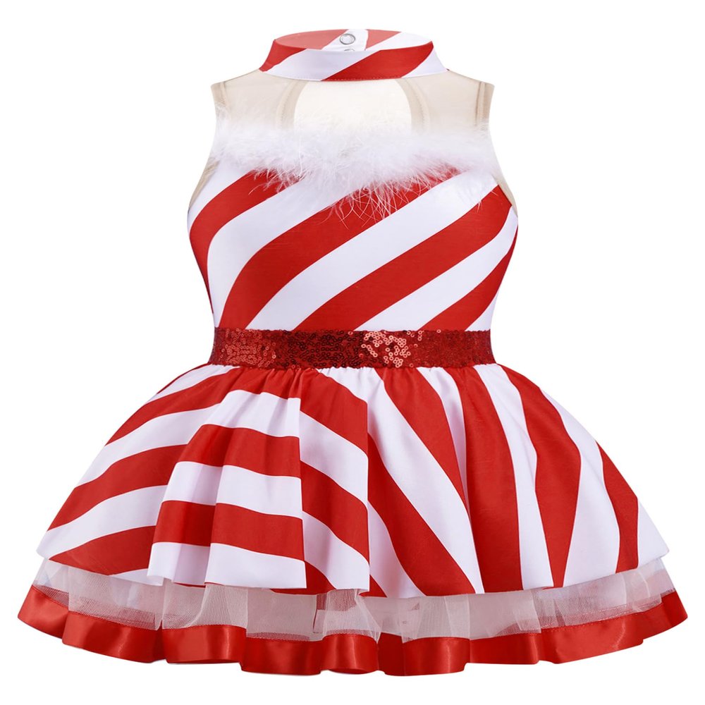Moggemol Kids Girls Sequins Striped Tutu Dance Dress Figure Skating Dress Christmas Party Candy Cane Costume Crimson 12